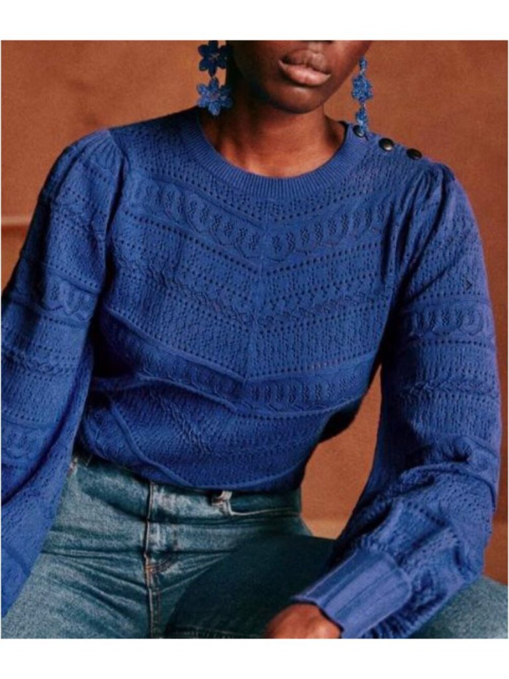 EUC Sezane Soline 100% Cotton Puff Sleeve Sweater Royal Blue XL